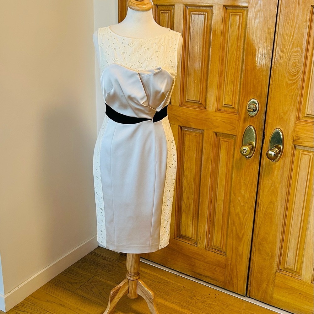 Karen Millen Cream and Gray Structured Sheath Dress